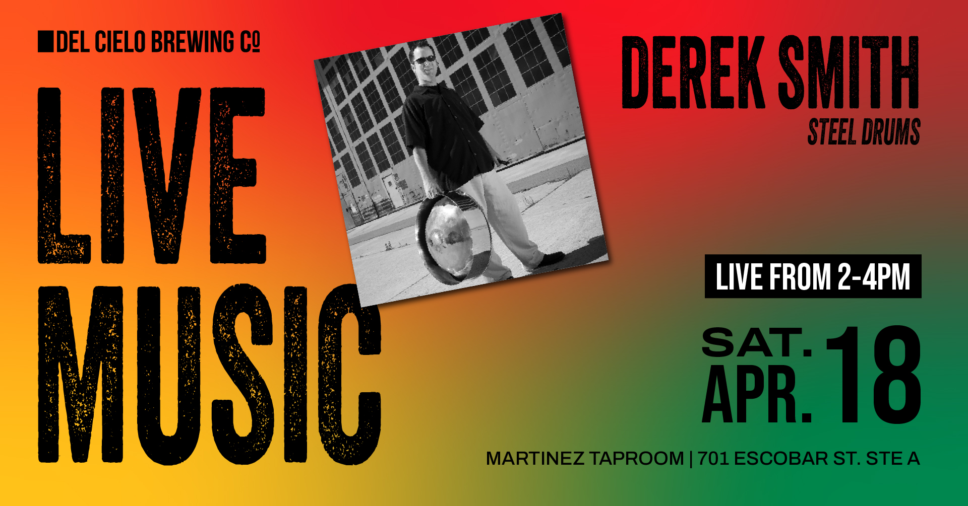 derek smith steel drums in mtz on 4/18 from 2-4pm